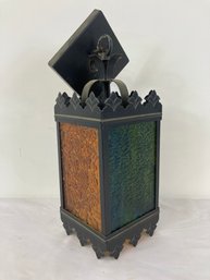 Mid Century Metal & Stained Glass Hanging Lantern