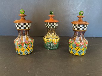 Lot Of 3 MacKenzie Childs Charlotte Painted Carafes