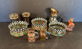 Lot Of 9 Pieces MacKenzie Childs Circus Pattern Hand Painted Glass Items