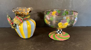 2 MacKenzie Childs Glass Items, Flower Market Compote & Vase