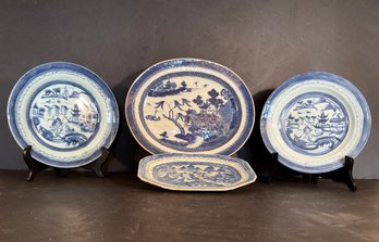 4 Antique Canton & Fitzhugh Export Porcelain Platters & Bowls