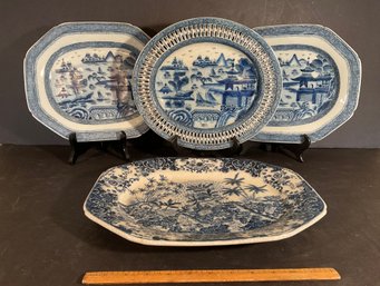 4 Chinese United Wilson 1897 Platters Blue & White Porcelain Table Items