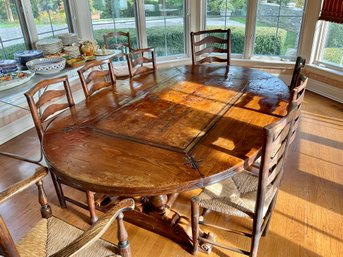 Antique Country French Oak With Elm Inlaid Oval Dining Table