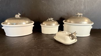 4 Pcs. Heavy French Porcelain Souffle Dishes & Butter Dish Metal Lids