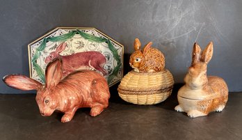 Lot 1 Hand Painted Rabbit Sculpture Rabbit Dcoupage Tray 2 Rabbit Covered Vegetables