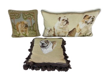 3 Embroidered Decorative Throw Pillows With Bulldogs