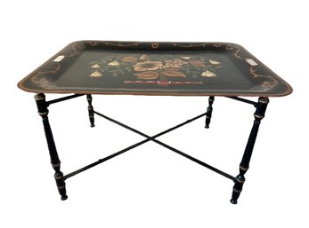 Vintage Toleware Tray Table With Floral Motif