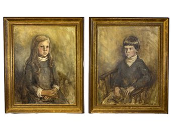 Vintage Pair Of Sibiling Portraits In Gold Wash Frames
