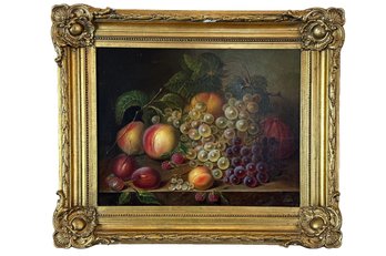 19th C. American School Oil On Panel Still Life Of Fruit