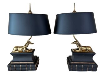 Pair Of Black & Gold Whippet Lamps With Shades