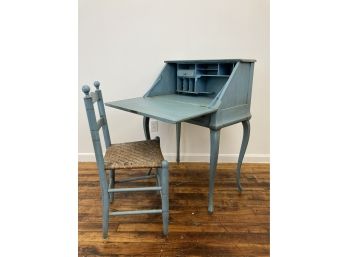Vintage Blue Painted Slant Front Secretary Desk And Chair