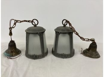 Pair Antique Arts And Crafts White Metal And Frosted Glass Hanging Lamps