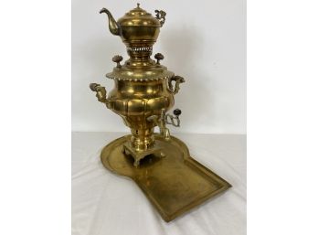 Antique Islamic Brass Samovar With Tray And Teapot Signed