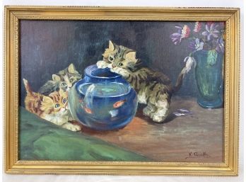 Vittorio Acabbo (20th-C.) Oil Painting On Board Cats With Fish Bowl
