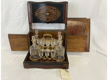 19th C. French Tantalus Set With Bronze Inset And Etched Glass
