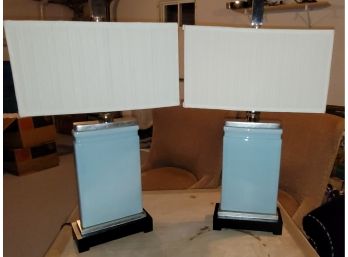 Pair Of Blue Ceramic Lamps - 32'
