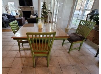 Green Pottery Barn Table W/ 4 Chairs, 1 Leaf, Shelf, Drawer & Glass Top