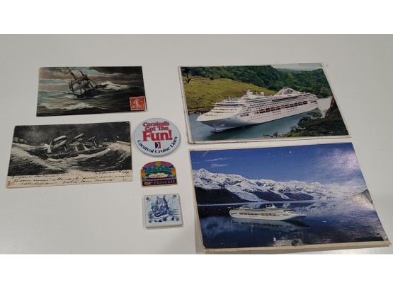 Antique Post Cards, Buttons And Cruise Ship Photos