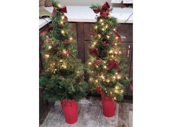 Pair Of 44' Prelit Christmas Trees In Red Metal Containers