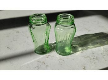 1930s Green Depression Glass Hazel Atlas 468 Uranium Salt & Pepper Shakers- No Lids