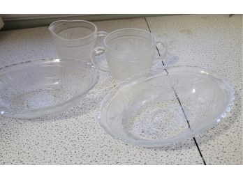 Drpression Glass Sandwich Pattern Creamer, Sugar, 2 Oval Bowls