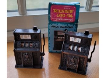 2 Mid Century Slot Machine Pencil Sharpeners - They Spin When Arm Is Pulled