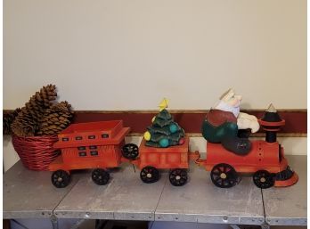 Paper Mache Santa Train & Large Pinecones
