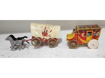 U S Metal Toy Mfg Co Tin Stagecoach And Covered Wagon
