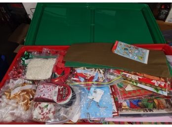 Red & Green Paper Tub Full Of Bows, Bags, Labels Etc