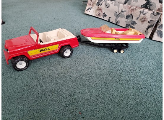 Vintage Tonka Jeep And Trailer Pulling Boat