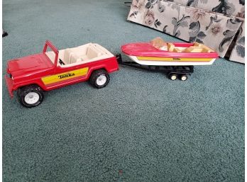 Vintage Tonka Jeep And Trailer Pulling Boat