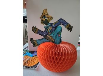 Vintage Beistle Jointed Scarecrow On Honeycomb Pumpkin