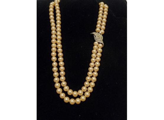 Vintage Double Strand Of Pearls With Rhinestone Clasp
