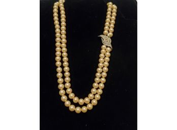 Vintage Double Strand Of Pearls With Rhinestone Clasp
