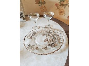 Two Handled Platter With Two Glasses All With Silver Embellishments