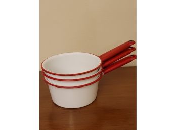 3 Red And White Enamel Sauce Pots 6' X 3'