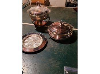 Silver Plate Serving Pieces With Glass Inserts