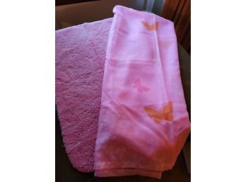 Vintage Pink Shower Curtain With Butterflies And Bath Mat