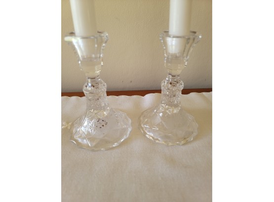 Pair Of Glass Candlestick Holders With Candles