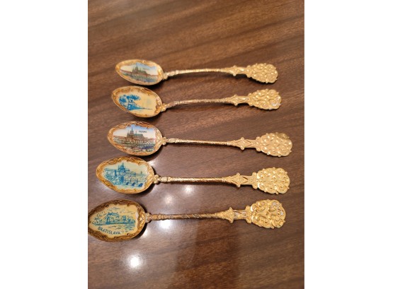 5 Gold Tone Czechoslovakian Souvenir Spoons
