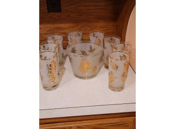 Set Of 8 Frosted Tom Collins Glasses And Ice Bucket