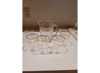 1920s Juice Set - Pitcher & 6 - 4' Tall Gold Rimmed Etched Glasses