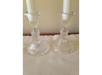 Pair Of Glass Candlestick Holders With Candles