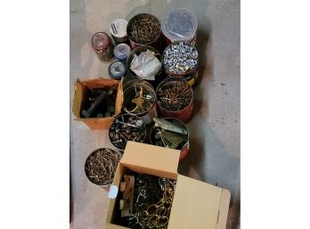 Multiple Bins And Jars Of Nails, Chains, Bolts Screws
