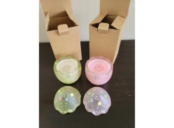 Pair Of Easter Egg Glass Covered Candle Holders With Boxes