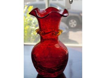 Red Crackle Vase With Amber Ring 5'