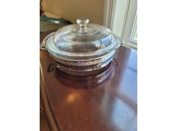 Pyrex Covered Serving Dish In Holder - Edge Has One Small Chip