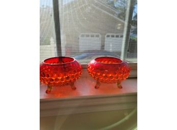 Pair Of Glass Blood Orange Footed Bowls