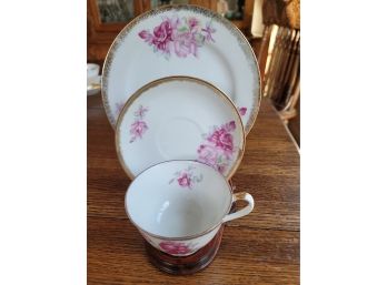 3pc Rose Cup & Saucer Set With Stand