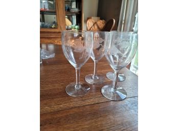 4 Rose Etched Wine Glasses